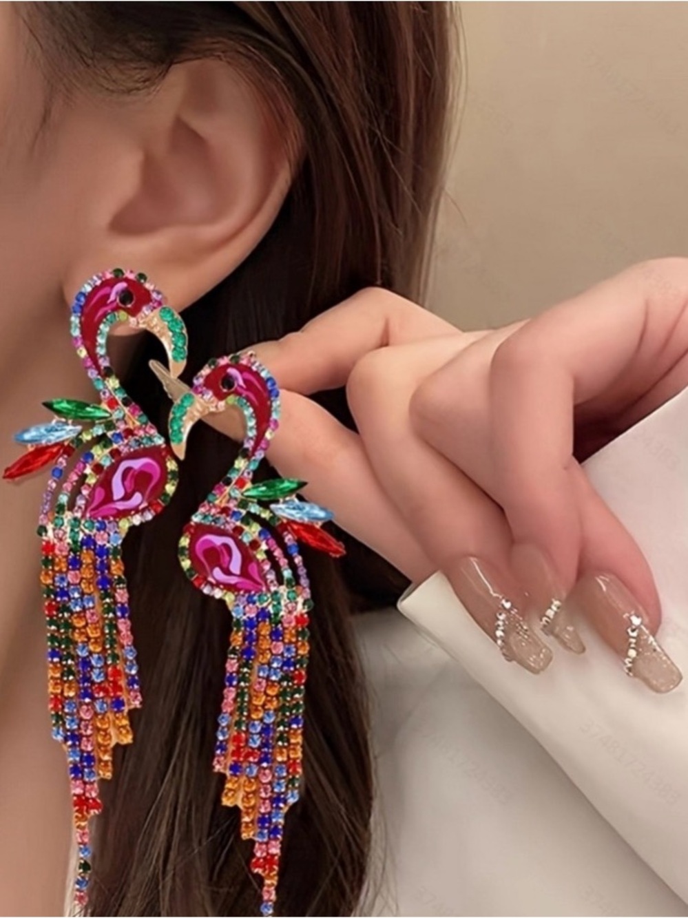 New Natasha Colorful Flamingo Drop Earrings - Red Multi-Color Crystal Fringe - Picture 4 of 14